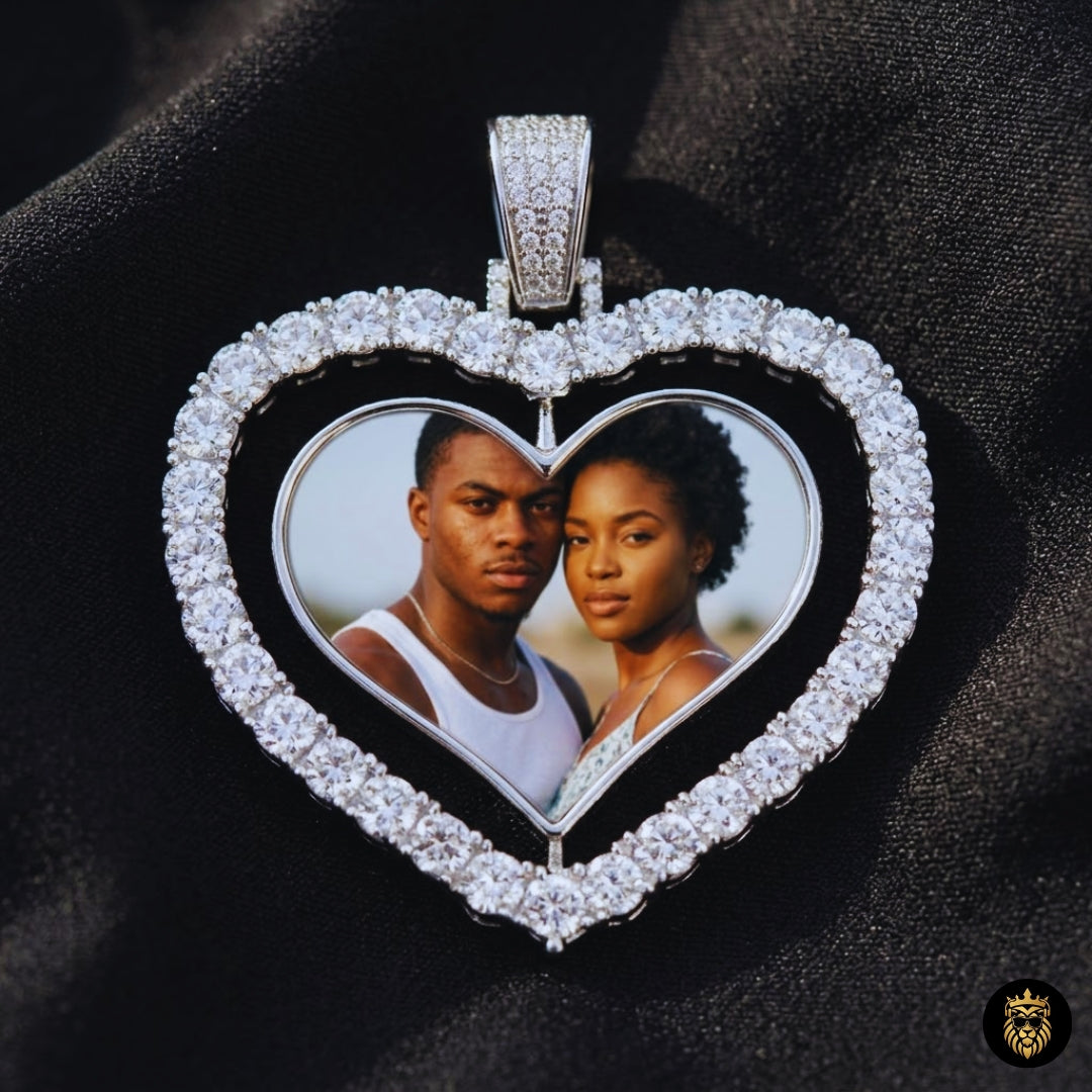 Custom Big Heart Rotating Photo Pendant Necklace – Iced Out Hip Hop Gold Photo Medallion Jewelry