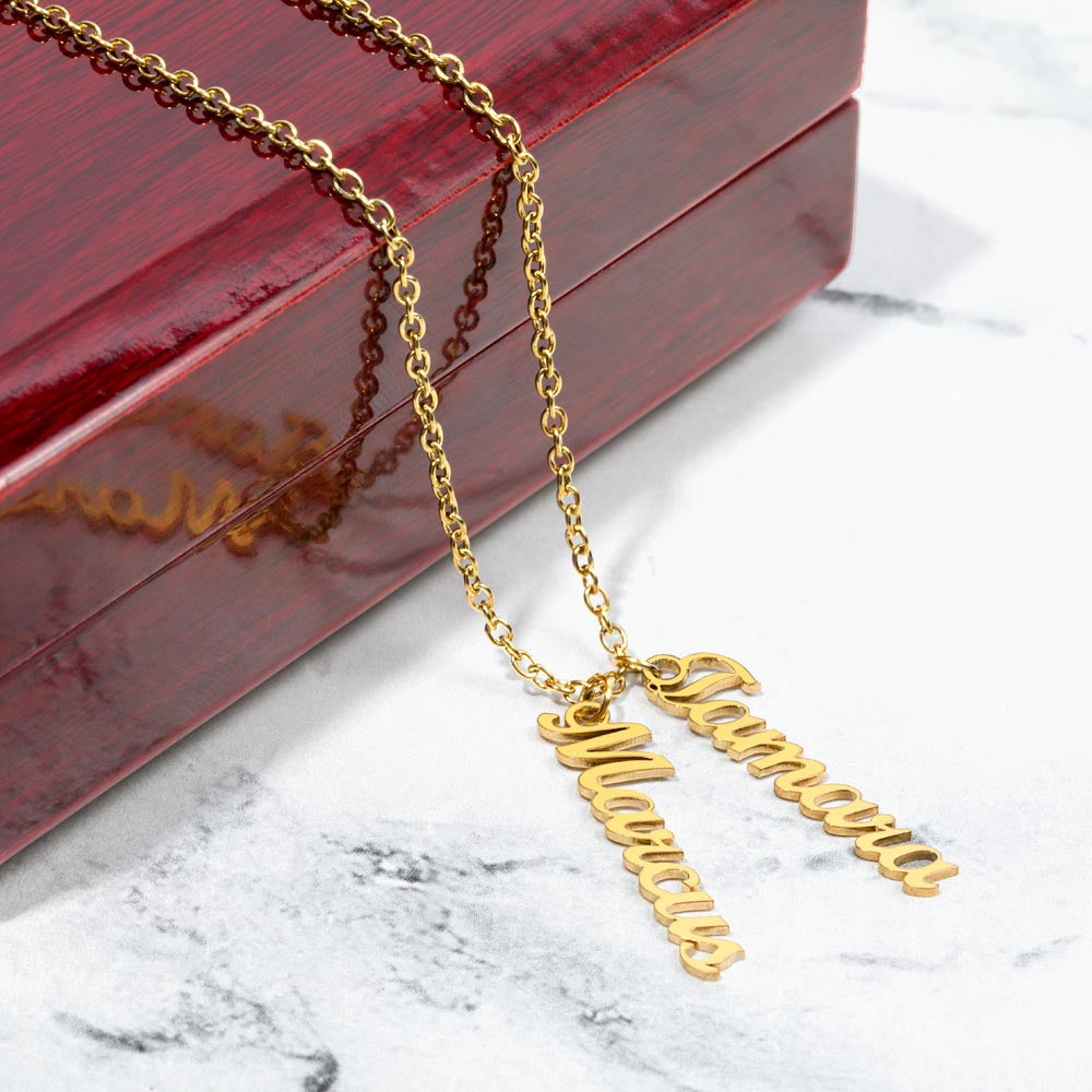 Shiny stainless steel vertical name necklace with custom names
