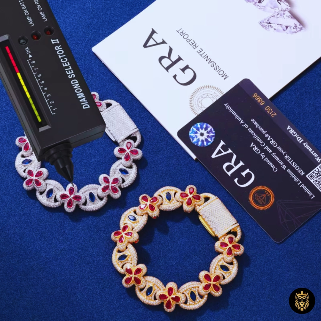 Close-up of moissanite evil eye bracelet