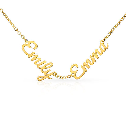 Woman wearing elegant multiple name necklace showing personalized family name design
