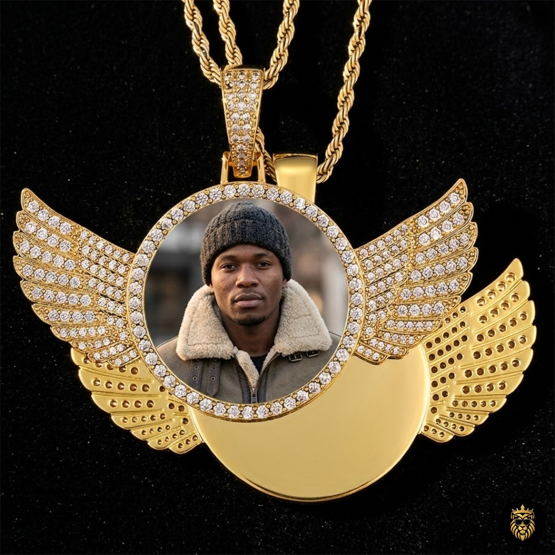 Memorial wings necklace showing a loved one’s photo inside pendant