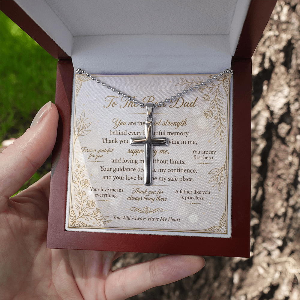 Men’s religious cross necklace close-up