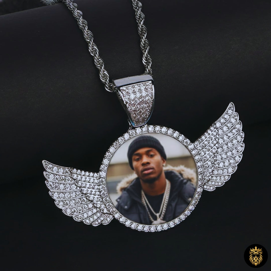 Close-up of hip-hop style medallion necklace with personalized photo inside pendant
