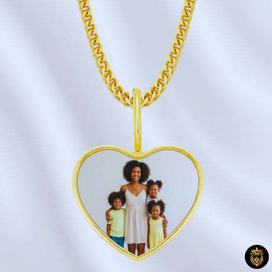 Custom heart-shaped photo necklace with iced-out hip hop design
