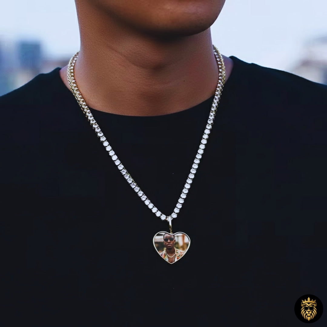 Iced-out diamond heart photo necklace on black background
