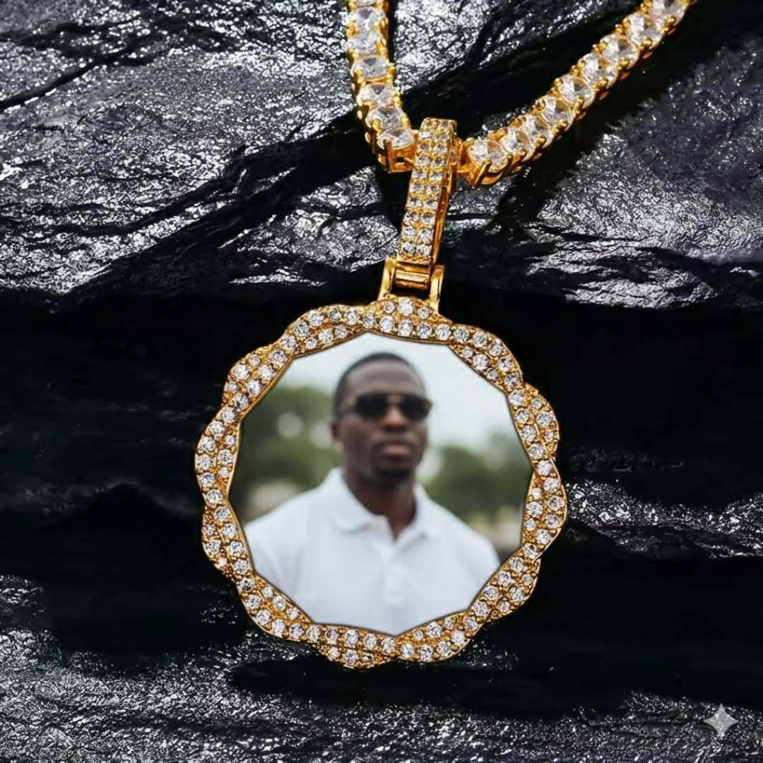 Close-up of custom picture inside crystal pendant necklace
