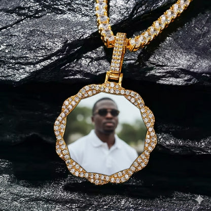 Close-up of custom picture inside crystal pendant necklace

