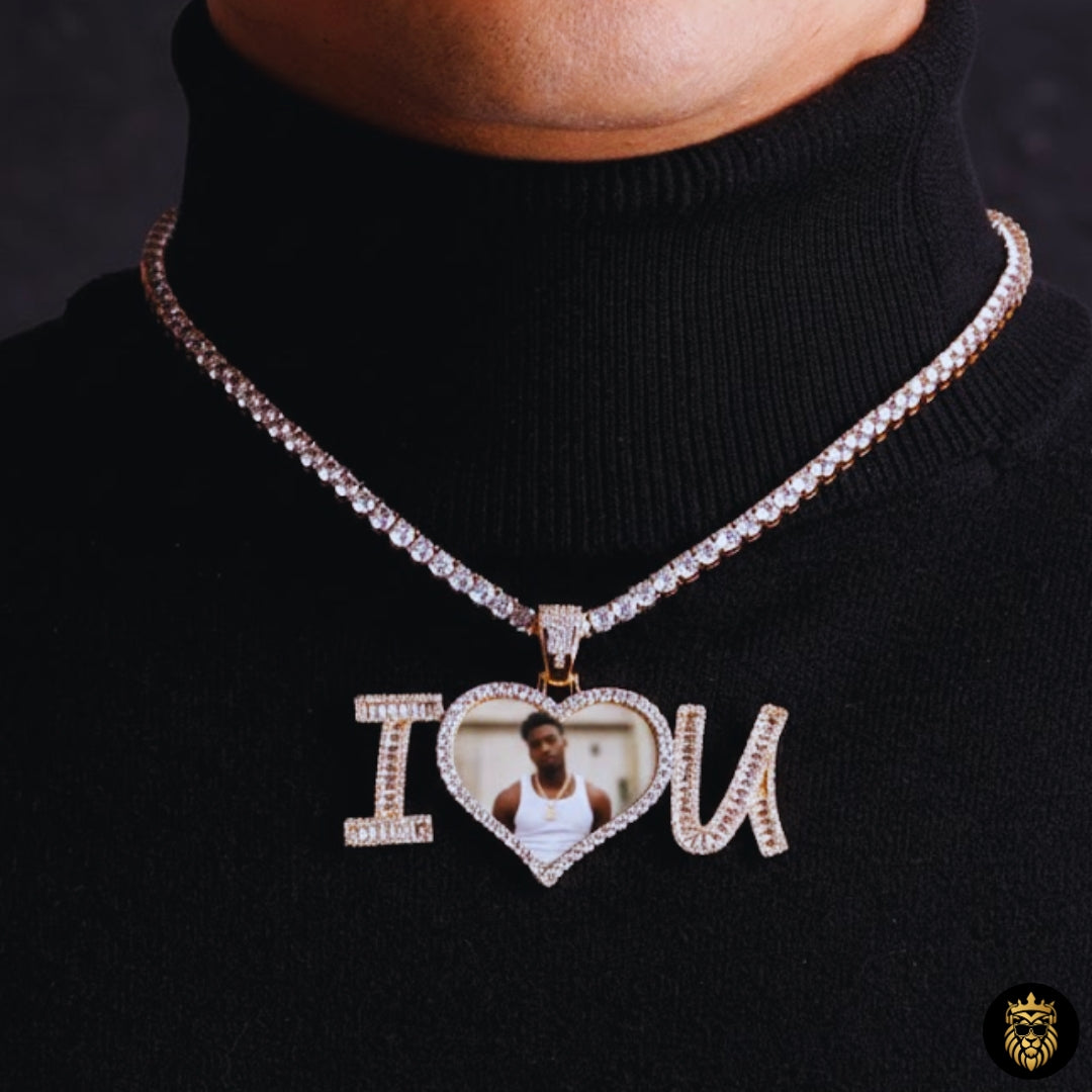 Front view of personalized photo heart necklace with sparkling cubic zirconia
