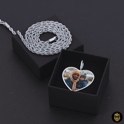 Custom necklace with photo inside heart medallion close view
