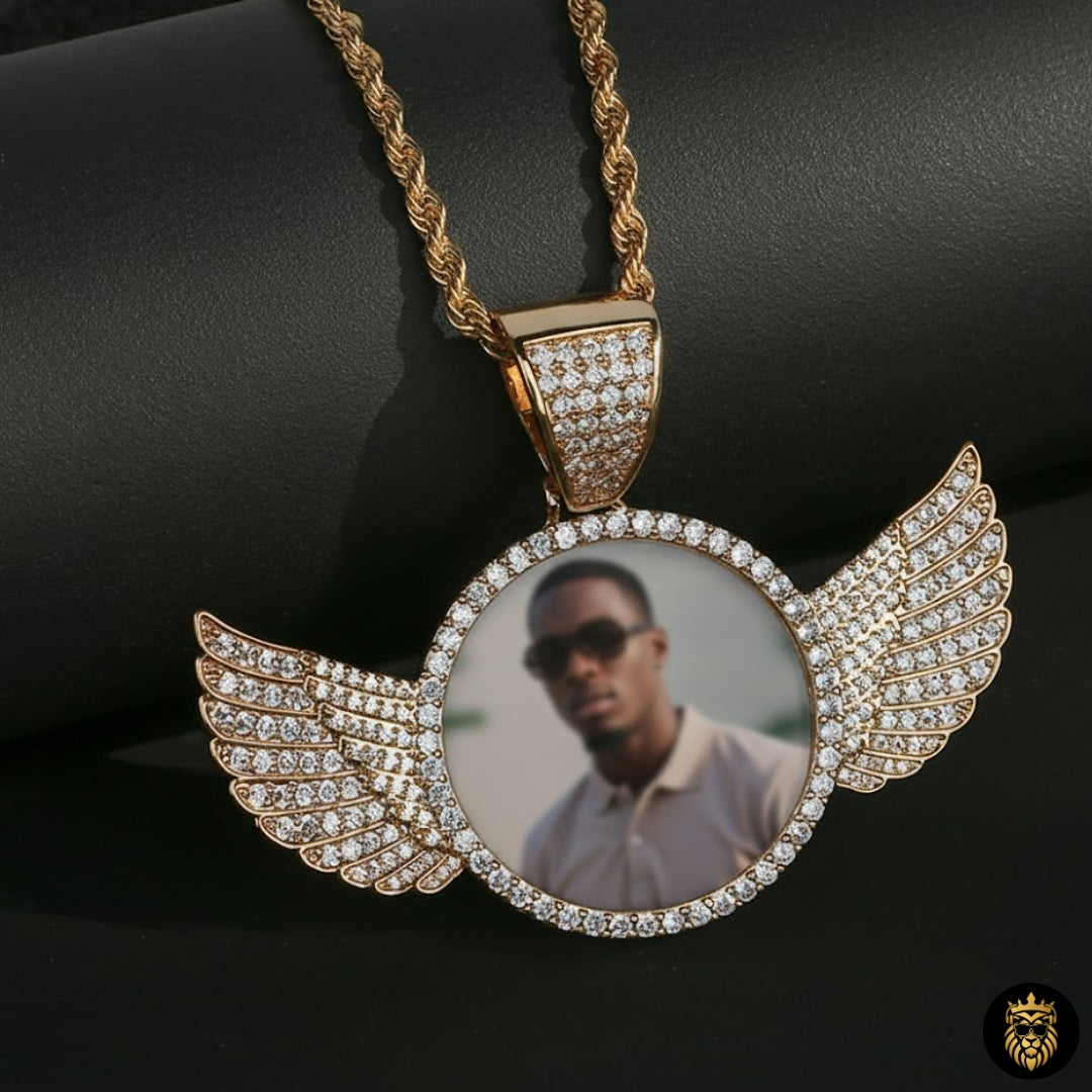 Angel wings photo pendant necklace featuring iced-out cubic zircon detailing
