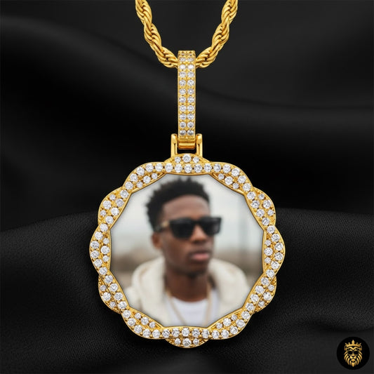 Custom photo necklace with round crystal pendant and double chain design
