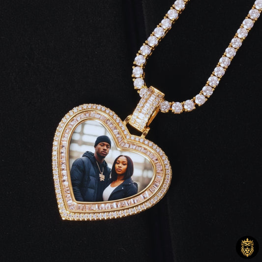 Gold heart-shaped custom photo necklace with baguette stones
