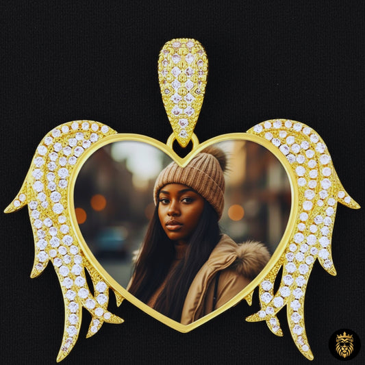 Gold iced-out heart necklace with custom photo inside