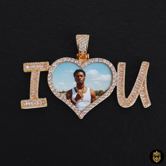 Custom iced-out heart pendant necklace with personalized photo inside gold frame
