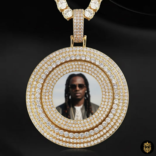 Gold rotating custom photo medallion necklace with crystal detailing
