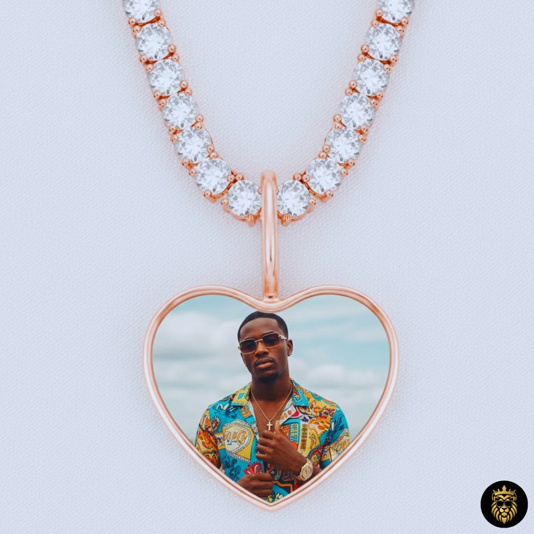 Close-up of custom picture necklace with diamond-style stones

