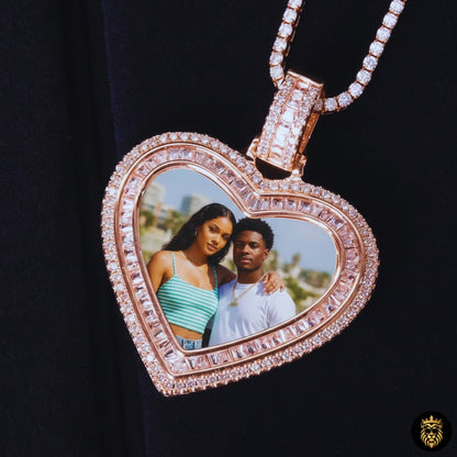 Iced-out heart photo necklace worn by model close-up view
