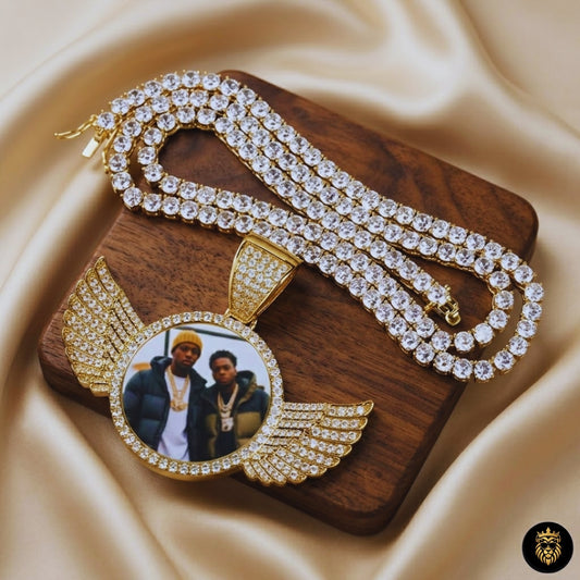 Custom photo wings medallion necklace in gold with engraved picture inside