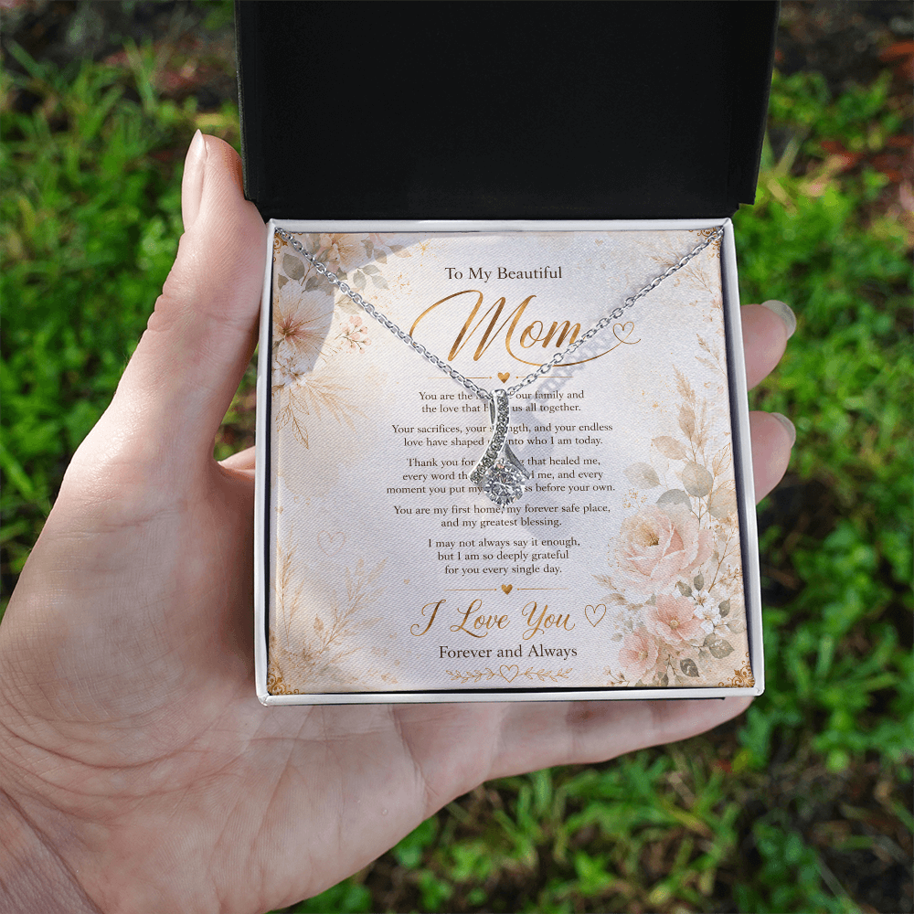 White gold finish necklace for mother with sparkling crystal accents