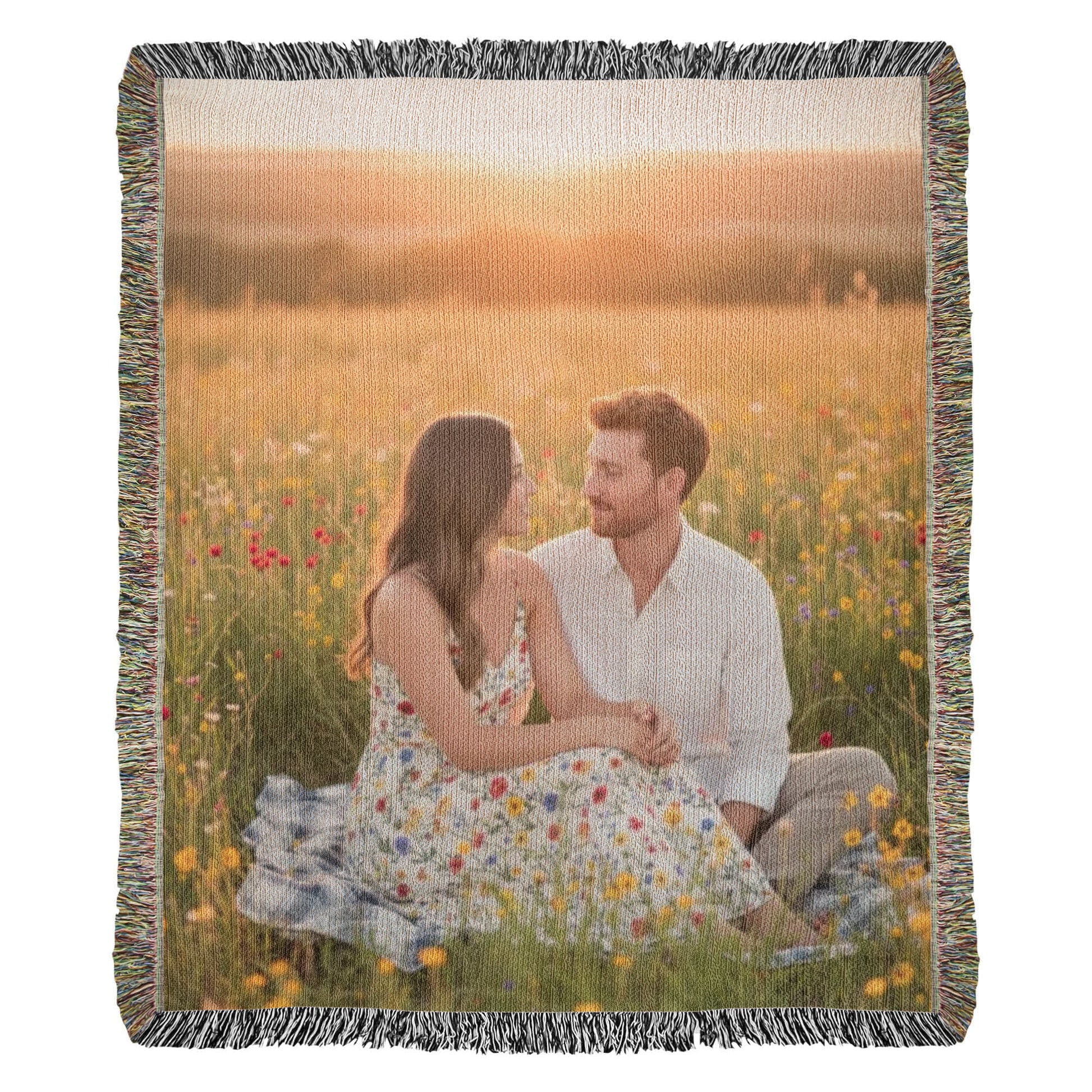 Cotton woven throw blanket featuring a personalized family portrait.