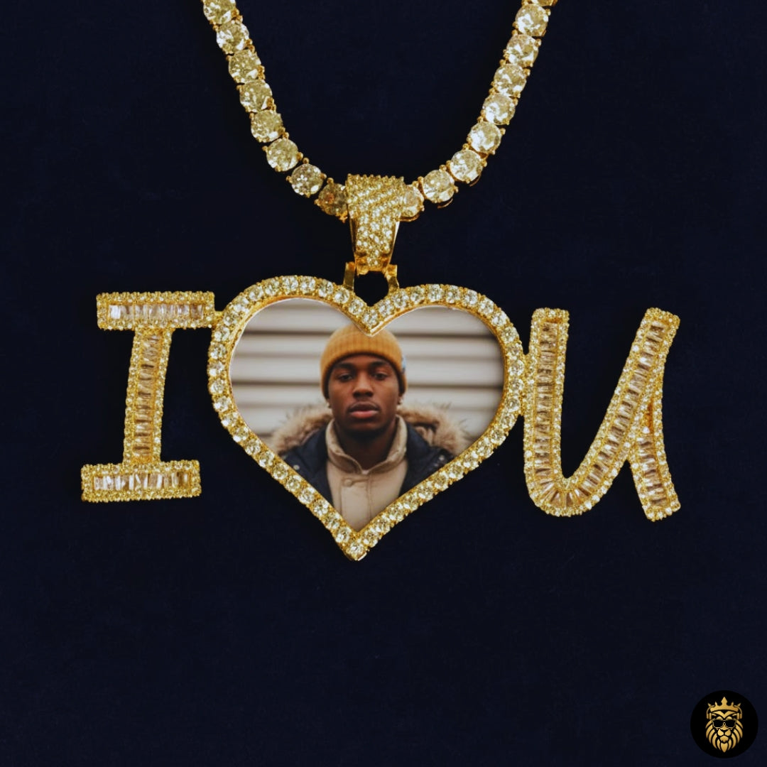 Custom memory necklace featuring a photo inside a luxury iced-out heart pendant
