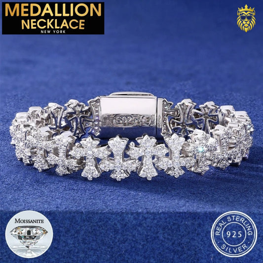 Gothic cross moissanite bracelet in 925 sterling silver with iced-out stones