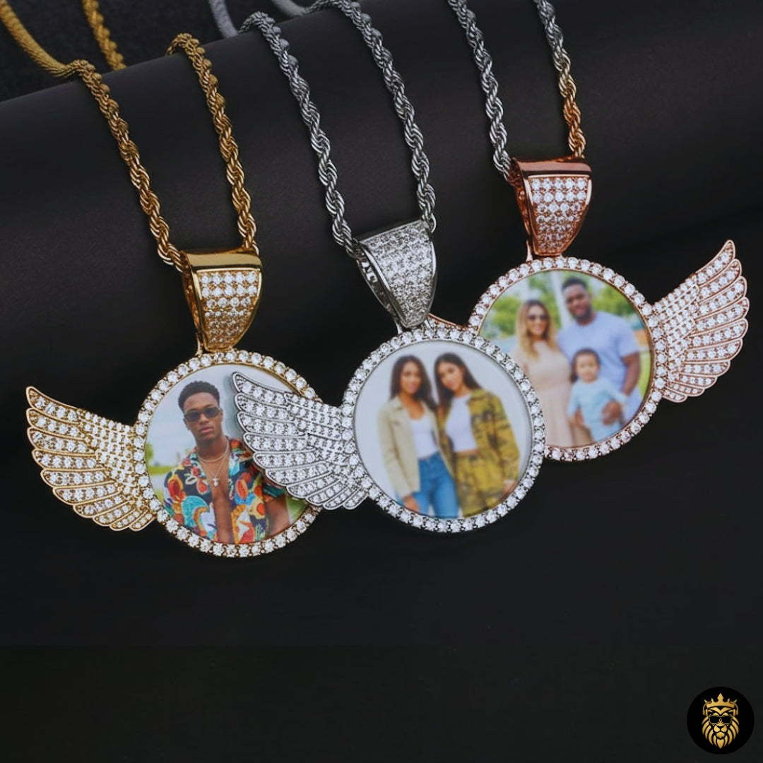 Custom memory necklace with golden medallion and engraved photo design
