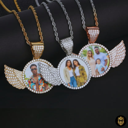 Custom memory necklace with golden medallion and engraved photo design

