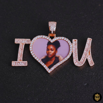 Gold plated heart-shaped photo pendant necklace in hip hop jewelry style
