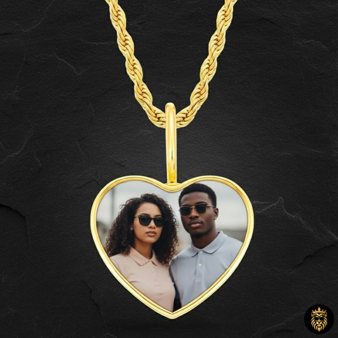 Heart photo medallion necklace showing inserted personal image
