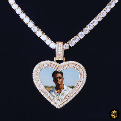 Close-up of baguette diamond heart necklace with inserted photo
