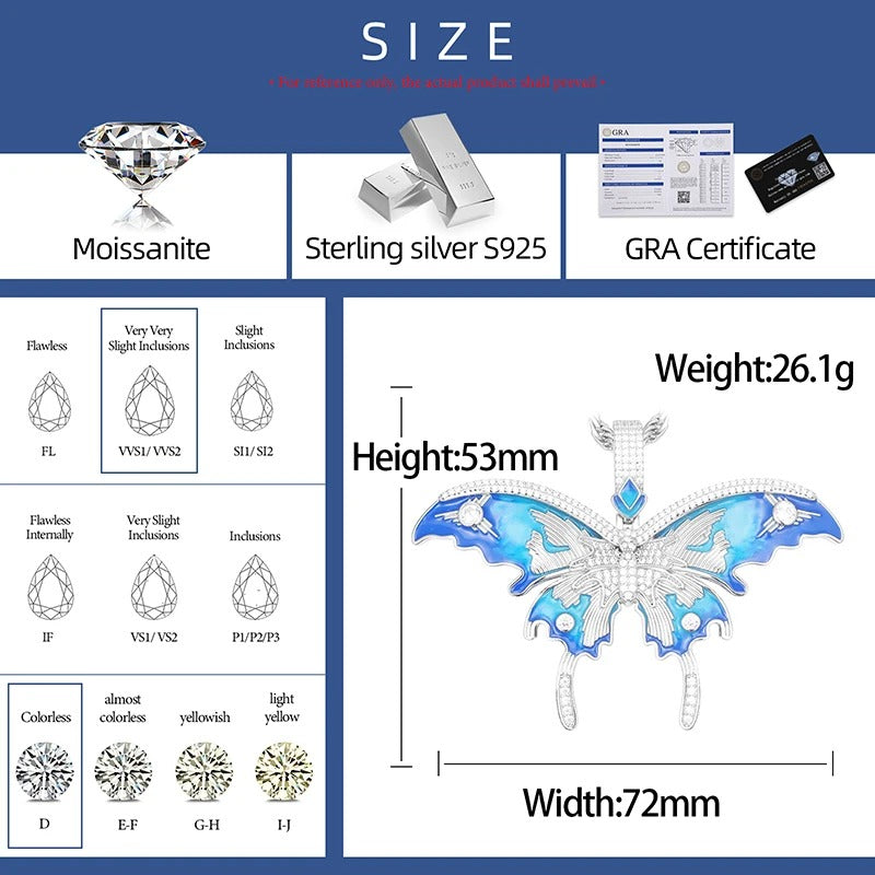 Personalized Moissanite Certified Enamel Butterfly Pendant Necklace for Man Woman 925 Sterling Silver Hip Hop Jewelry Necklace