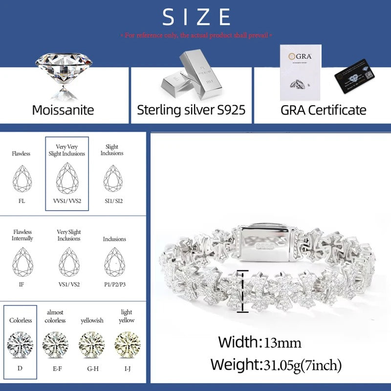 925 Silver Gothic Cross Moissanite Bracelet - Moissanite Unisex Chain Jewelry | Christmas Gift