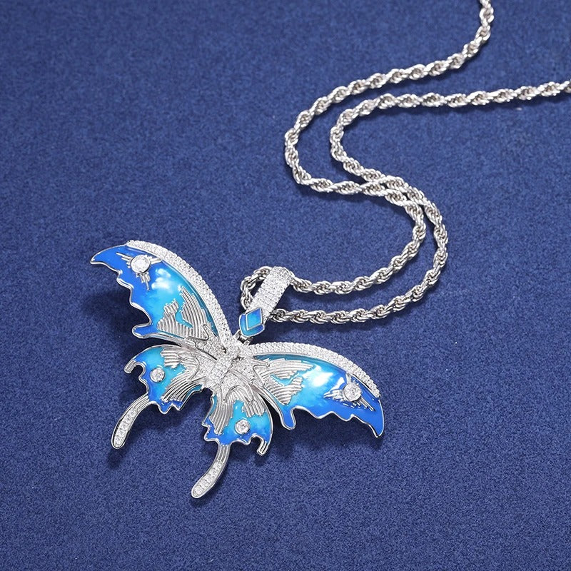 Personalized Moissanite Certified Enamel Butterfly Pendant Necklace for Man Woman 925 Sterling Silver Hip Hop Jewelry Necklace