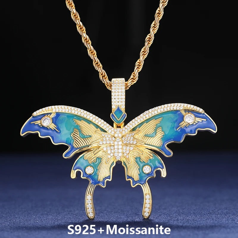Personalized Moissanite Certified Enamel Butterfly Pendant Necklace for Man Woman 925 Sterling Silver Hip Hop Jewelry Necklace