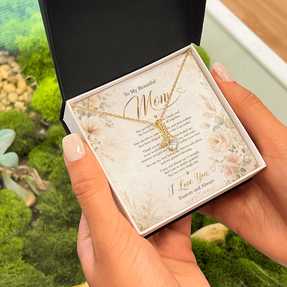 Elegant necklace for mother shown in soft lighting