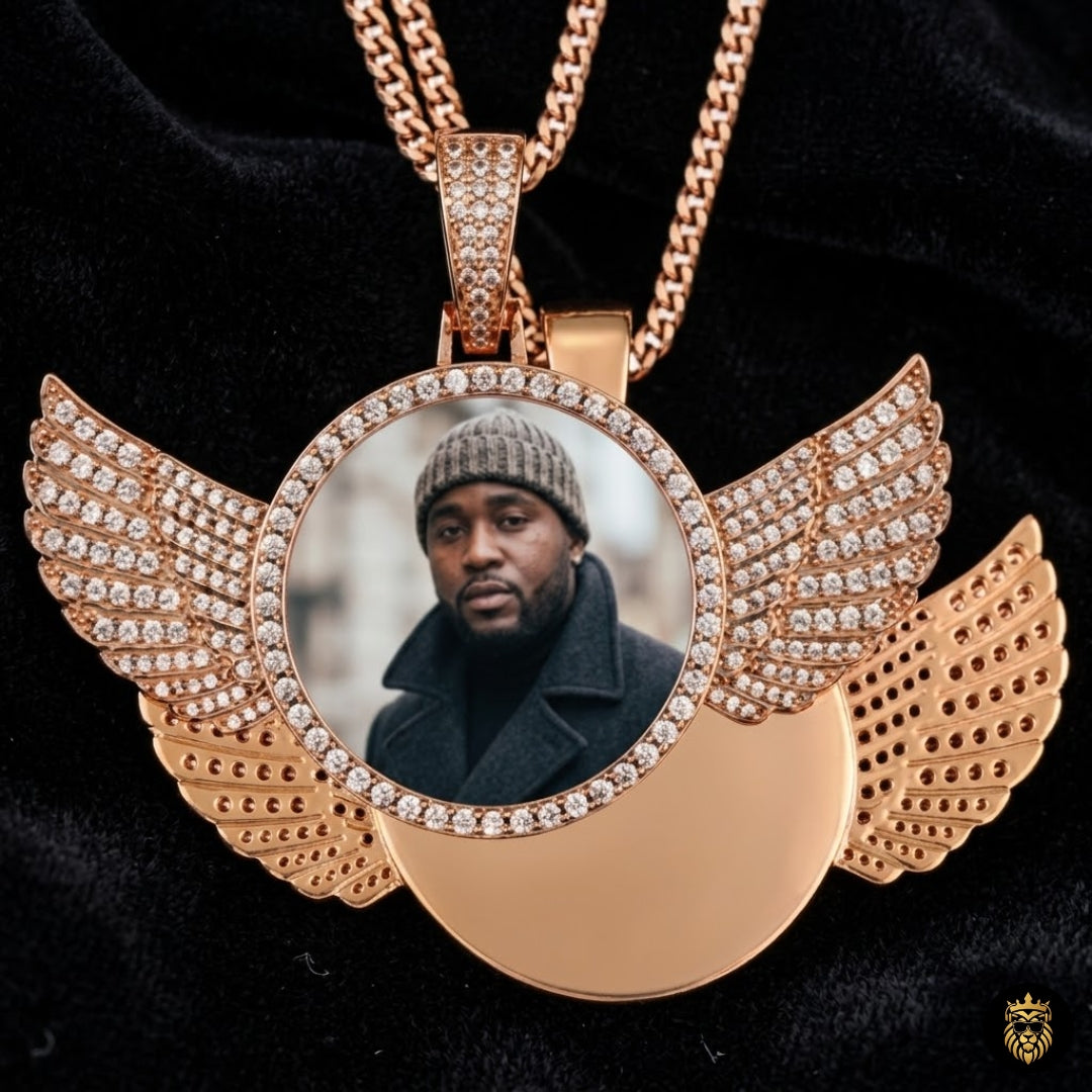 Close-up of custom photo medallion with wing design