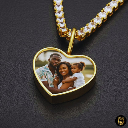 Hip hop style custom photo pendant worn by model
