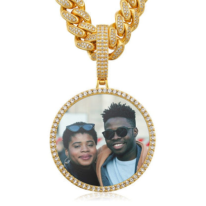 18K Gold Medallion Necklace- 12MM Cuban Chain Photo Medallion Necklace For Men