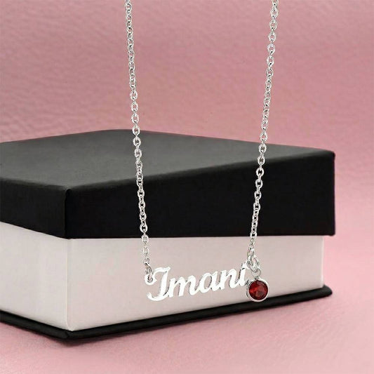 Personalized birthstone name necklace in gold finish for women