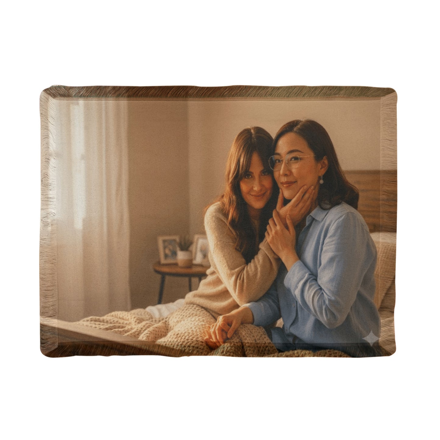 Personalized family photo woven blanket featuring a custom landscape image.