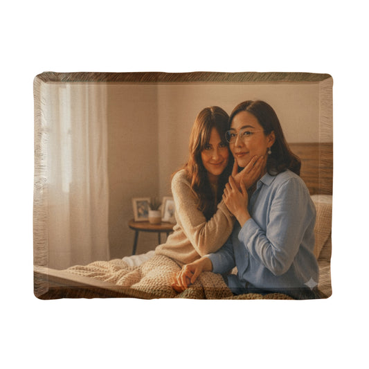 Personalized family photo woven blanket featuring a custom landscape image.