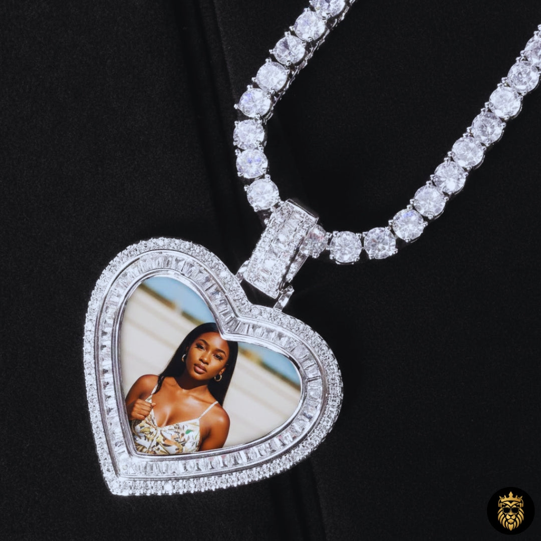 Personalized heart pendant necklace displaying a custom photo inside
