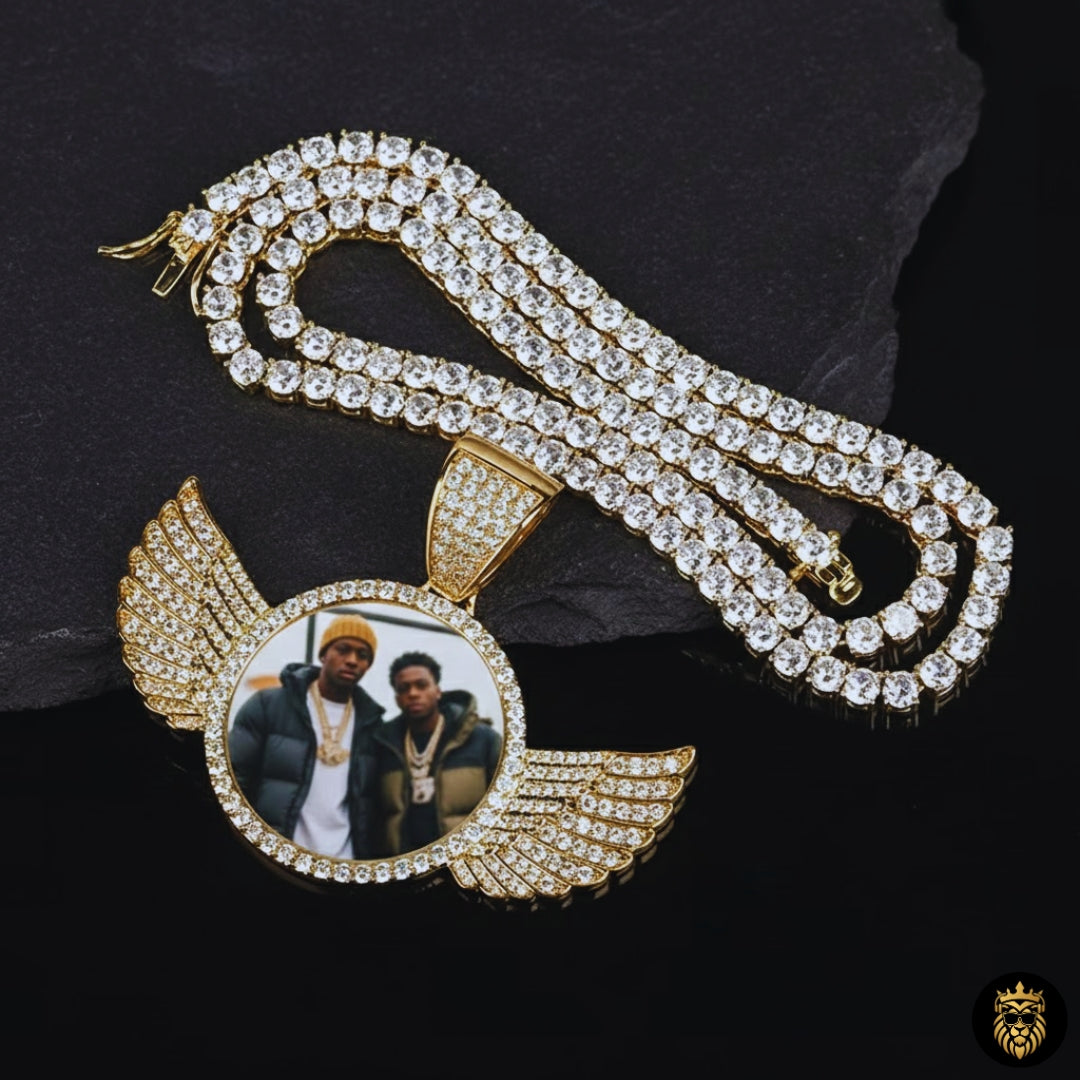 Premium hip-hop photo pendant necklace displayed under studio lighting
