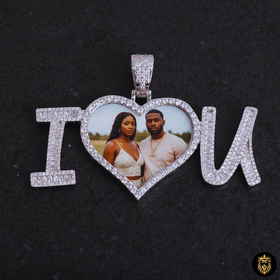 Close-up of personalized heart medallion necklace with diamond-style CZ stones
