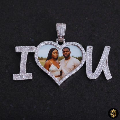 Close-up of personalized heart medallion necklace with diamond-style CZ stones
