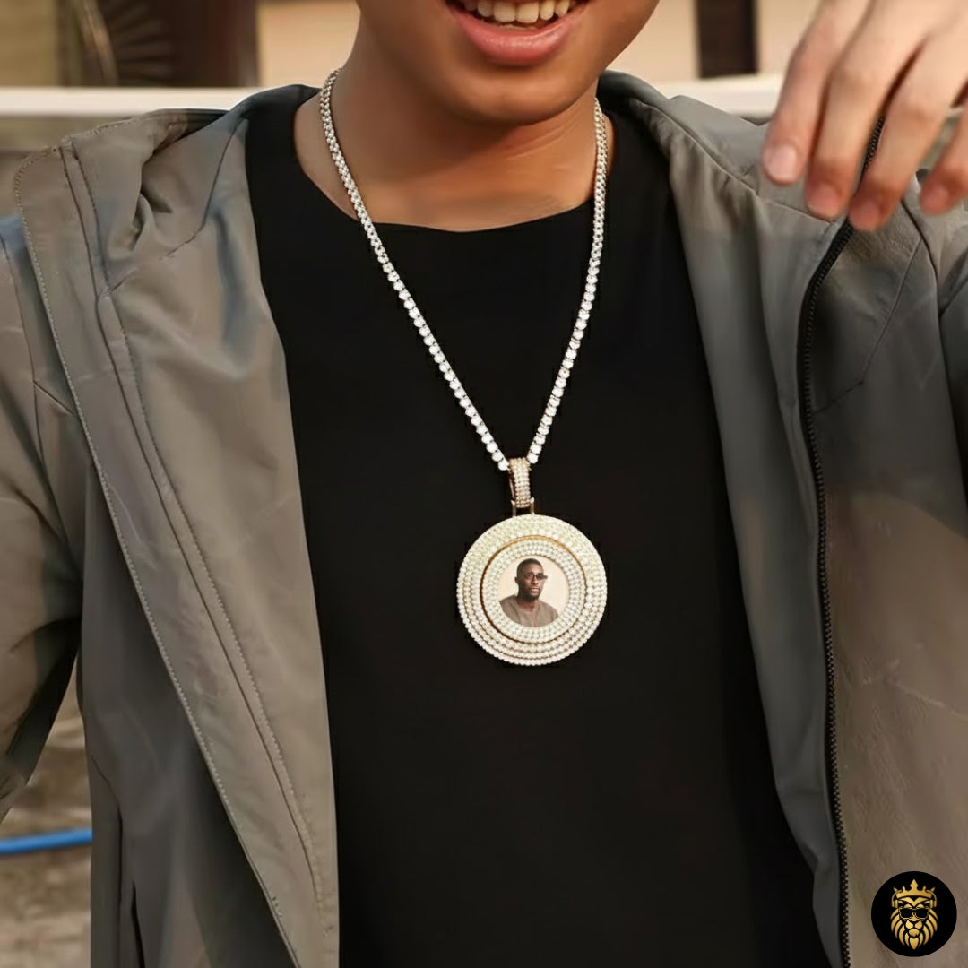 Round iced-out pendant necklace with spinning photo feature

