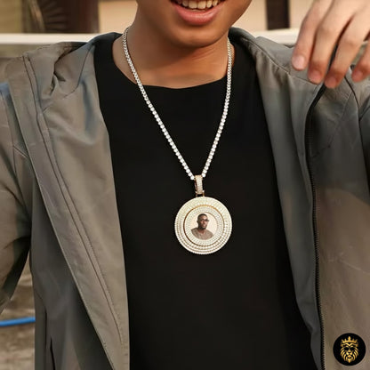 Round iced-out pendant necklace with spinning photo feature
