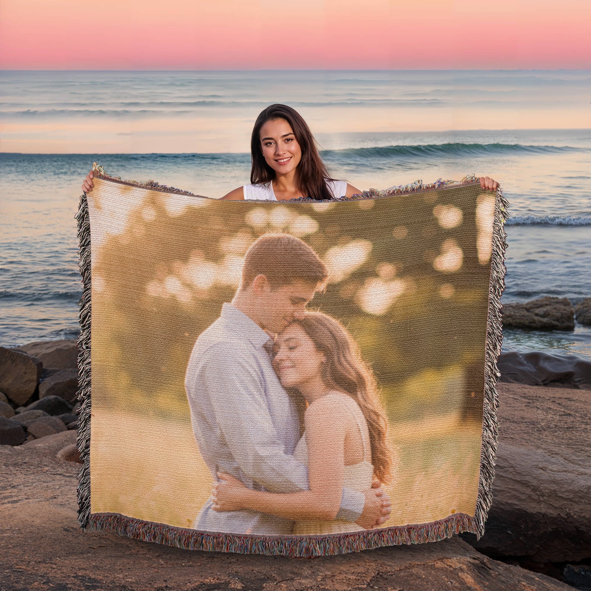Personalized remembrance throw with landscape image.