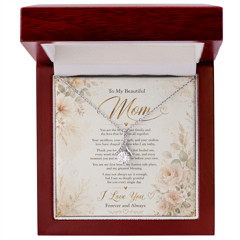 Beautiful ribbon pendant necklace for mom close-up view